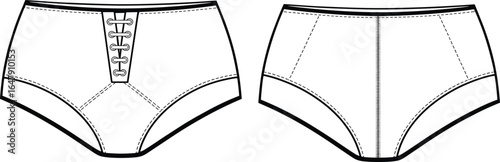 cad drawing of high waisted underwear, flat vector illustration, lace up front, back seam, lingerie template, apparel design, fashion garment sketch