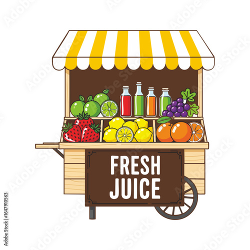 Wooden juice stand with fresh fruit and juice bottles.