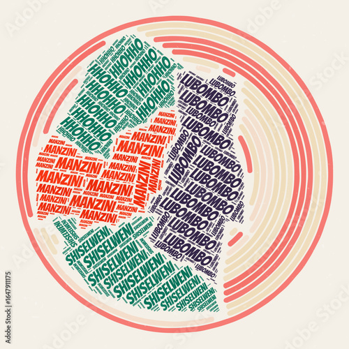 ESwatini Round Poster. Typography style image of Country. Regions word clouds of ESwatini. Vintage image design with scratch texture.