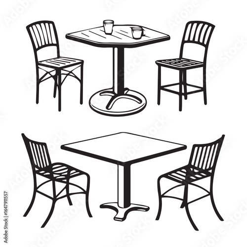Two sets of square tables with chairs, isolated on white background, representing cafe or restaurant furniture