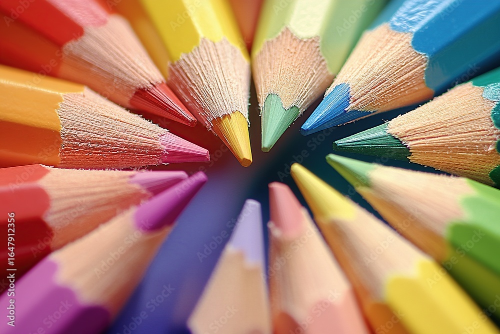 Obraz premium A detailed macro shot of colorful pencils arranged in a circular pattern with their sharpened tips pointing inward. The pencils display a spectrum of colors from red to violet.