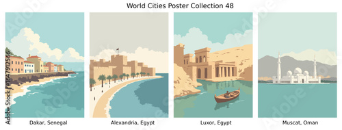 Dakar, Senegal , Alexandria, Egypt , Luxor, Egypt , Muscat, Oman  ci Flat Vector Poster Collection