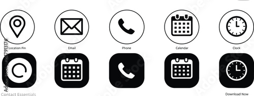 contact essentials icon set, location email phone calendar clock, circular and square format, labeled UI symbols, black vector graphic pack