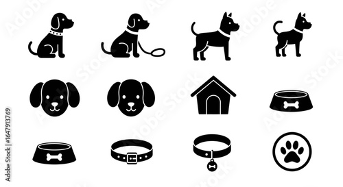 A Collection of Charming Dog Icons Featuring Various Breeds Accessories and Essential Items for Canine Companionship and Care Illustrating Different Poses and Objects