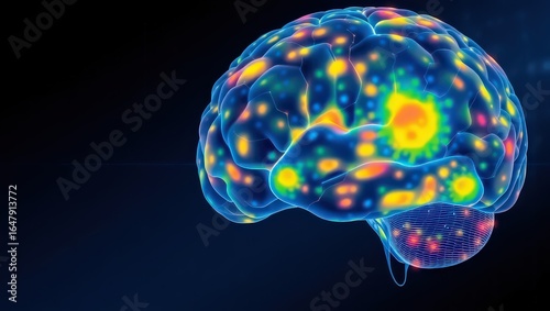 A glowing brain with colorful spots against a dark background showing brain activity and function