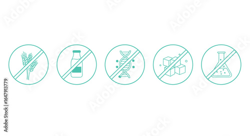 Five Icons Representing Absence of Harmful Substances or Processes in a Product or Service