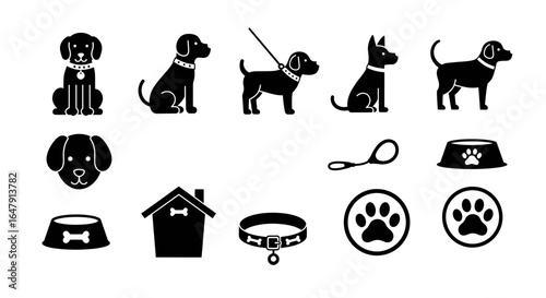 Collection of Dog Related Icons Featuring Various Poses and Accessories for Canine Companionship and Caretaking Needs