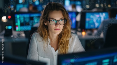 Focused Woman Working Hightech Newsroom