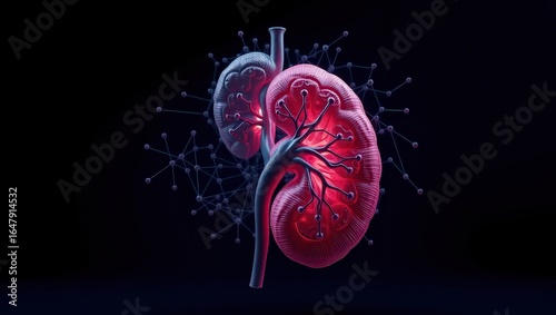 Anatomical illustration of kidneys with intricate network on a stark black background
