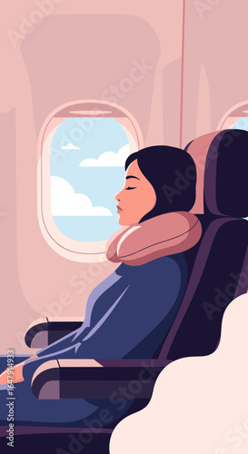 Woman relaxing comfortably sleeping on long airplane flight journey