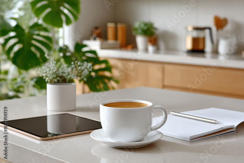 Wallpaper Mural Coffee cup, digital tablet and notebook placed on kitchen table, plants decorating the room Torontodigital.ca