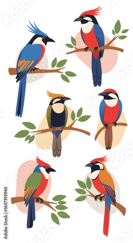 Vibrant exotic birds perched on branches in a stylized natural setting