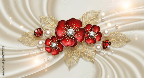 Elegant red floral design with pearl accents for sophisticated backgrounds or luxurious creative projects, adding a touch of refined beauty