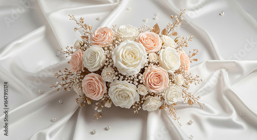 Elegant roses and baby's breath bouquet with pearls on silk create a sophisticated, romantic ambiance perfect for weddings and celebrations