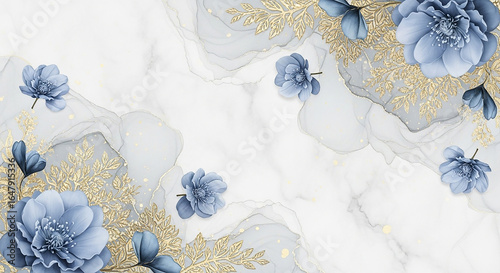 Elegant blue flowers with shimmering gold accents over a modern marble background create a stunning and luxurious artistic backdrop