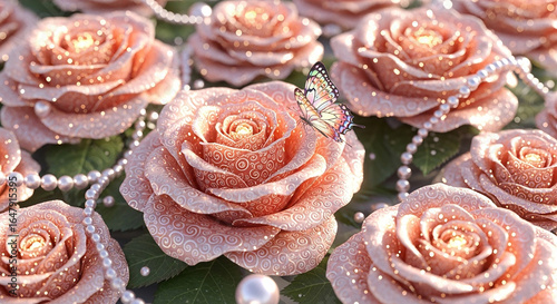 Dreamy butterfly resting on delicate rose blooms with pearl accents for elegant wedding invitations or romantic greeting cards design