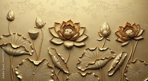 Elegant golden lotus flowers create a serene and inviting atmosphere in your space for meditation, yoga, and wellness promotion