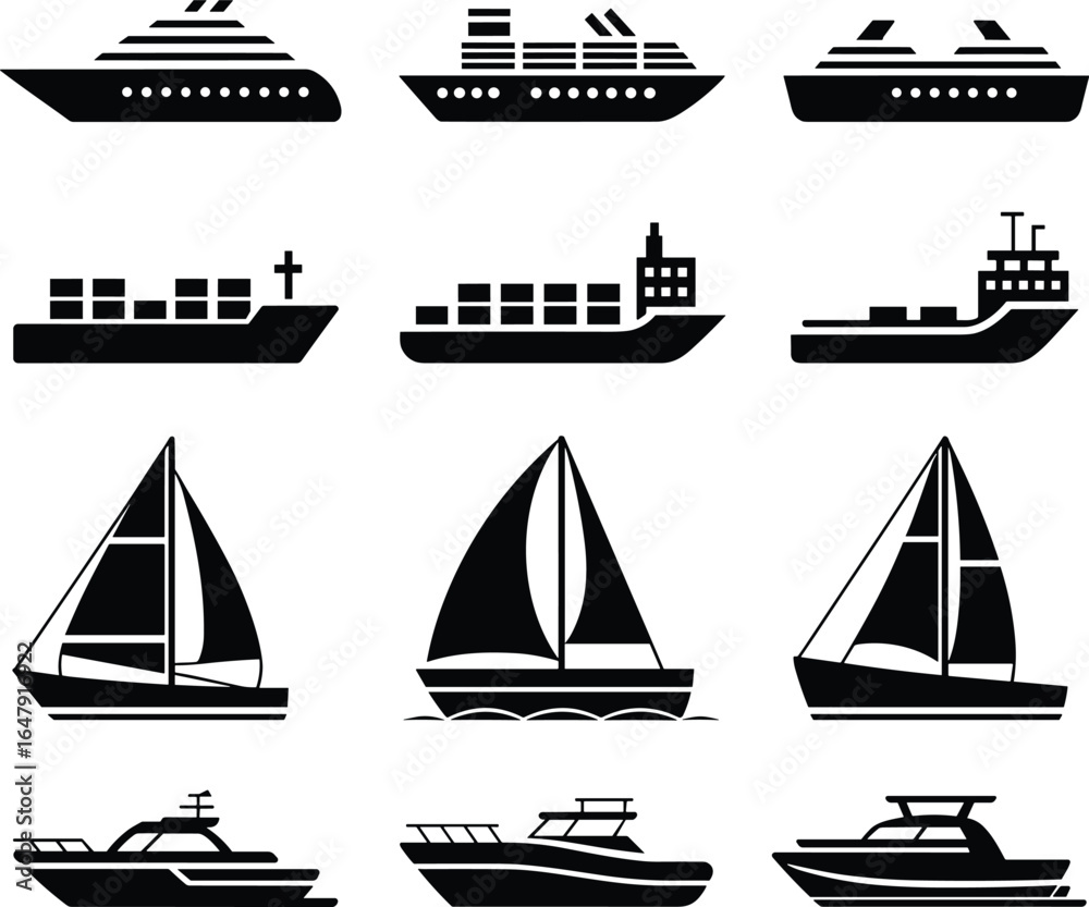Φωτογραφία Boat and ship silhouette set, maritime vessel icons, cargo ship vector, sailboat