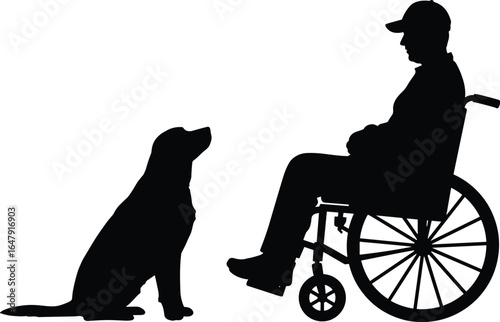 Cad drawing flat vector illustration, silhouette of man in wheelchair with service dog, disabled person assistance animal, mobility support companion