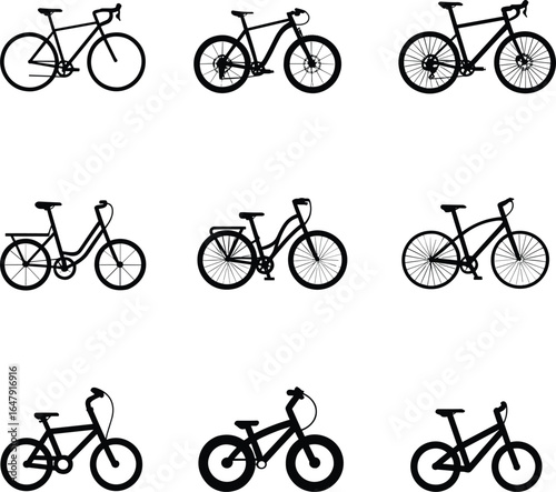 Bicycle silhouette set, bike icon collection, transport vector illustration, sporty and commuter styles, flat design, cycling concept art