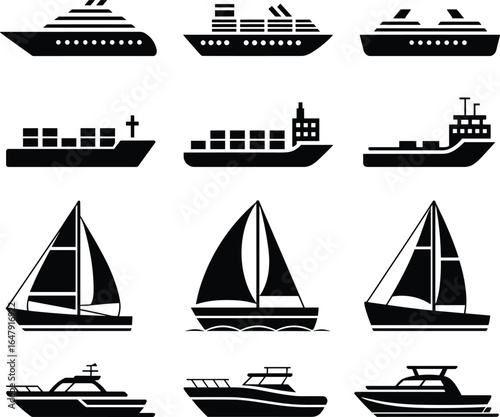 Boat and ship silhouette set, maritime vessel icons, cargo ship vector, sailboat illustration, yacht design, nautical transport collection