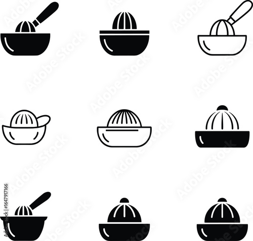 Citrus juicer icon set, kitchen tool silhouette, fruit press vector, juice extractor design, cooking utensil illustration, black and white