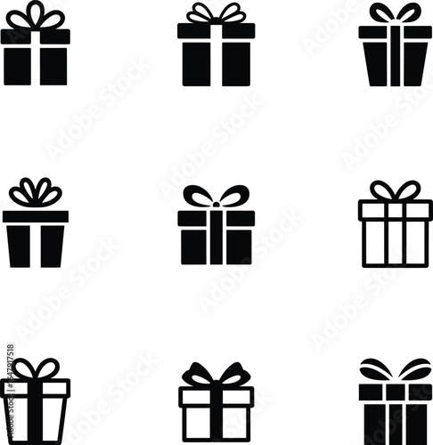 Gift box icon set, present silhouette vector, celebration packaging design, holiday ribbon illustration, flat style, cad drawing flat vector illustration