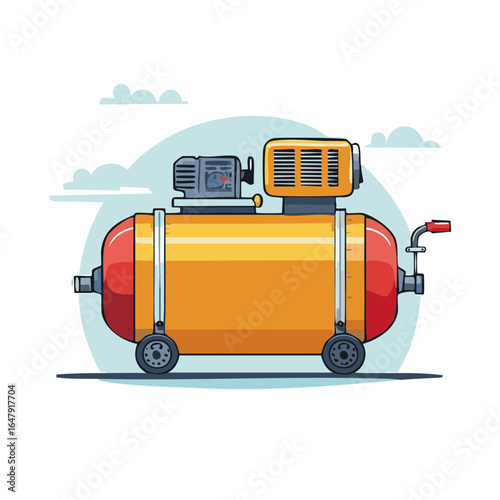 Portable air compressor illustration: Yellow tank, wheels, industrial equipment