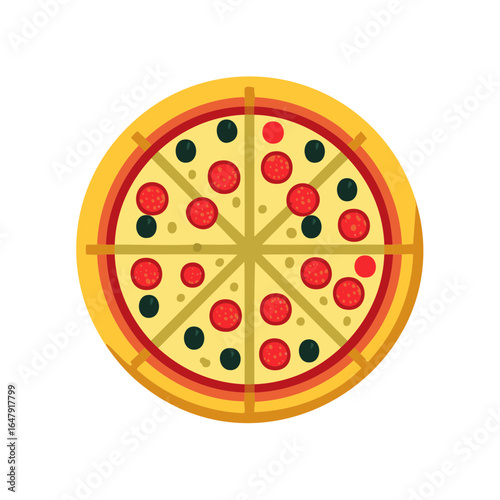 Whole Pepperoni and Olive Pizza Slice Illustration Top View Flat Design Style