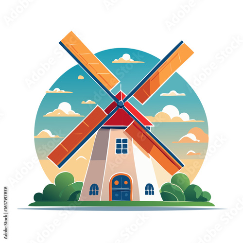 Illustration of a Dutch windmill against a sky with clouds and green shrubbery