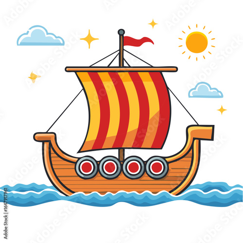 Cartoon Viking ship sailing on waves with a sunny day, clouds, and stars.