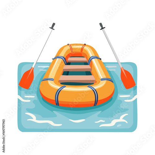 Orange inflatable raft with paddles floating on blue water ready for adventure recreation