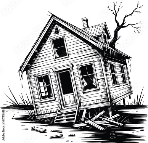 Abandoned Haunted House Illustration with Broken Windows and Creepy Atmosphere.
