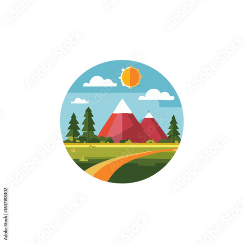 Wallpaper Mural Cartoonish Mountain Landscape with Path, Pine Trees, and Sky in a Circular Frame Torontodigital.ca