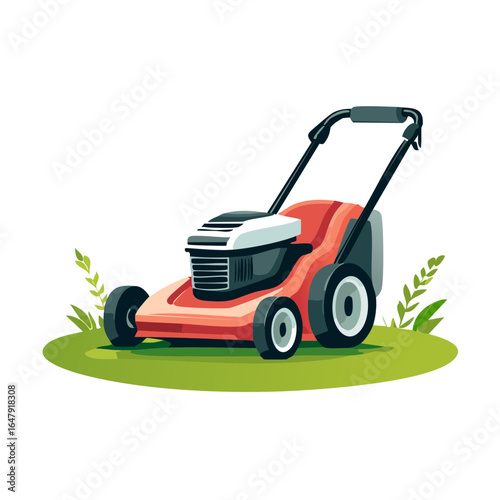 Modern Red Lawn Mower on Green Grass with Leafy Accents