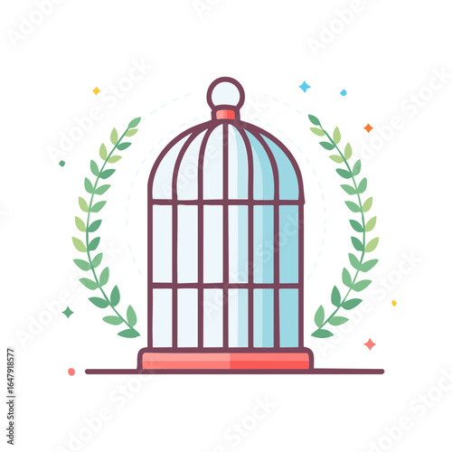Cartoon birdcage with laurel wreath, freedom concept, illustration.