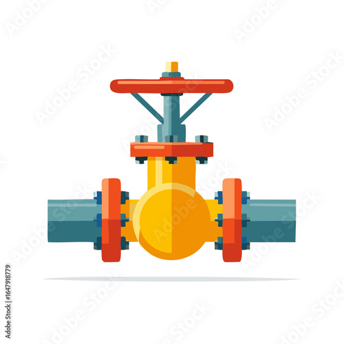 Illustration of a valve with wheel, pipes, and flanges, typically used to regulate pressure or flow in industrial systems
