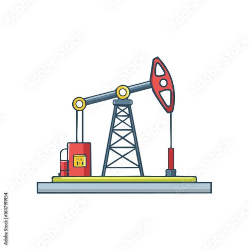 Colorful cartoon illustration of an oil pump jack derrick for the fossil fuel and energy industry
