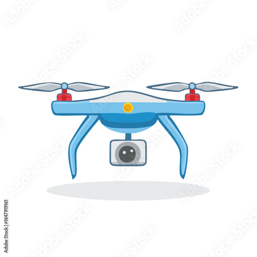 Blue quadcopter drone with a camera hovering cartoon vector illustration