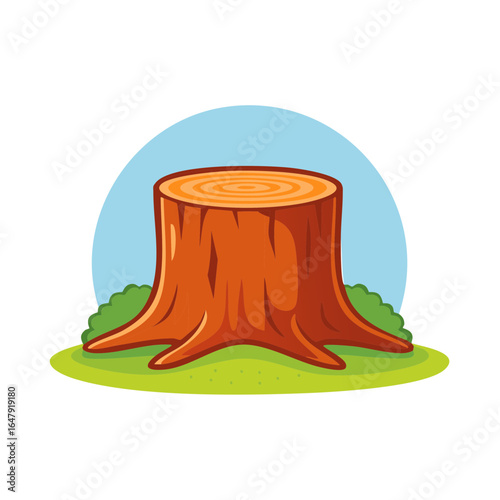 Cartoon Tree Stump Vector Illustration with Bush and Blue Sky Background