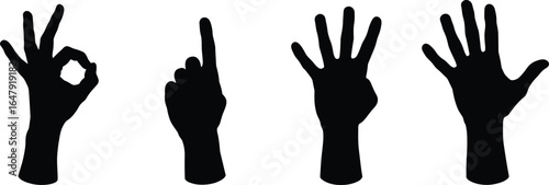Hand gestures, silhouette, black vector, OK sign, pointing finger, counting gesture, raised hand, communication symbol, sign language, human 
