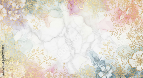 Elegant floral watercolor background with delicate gold leaf accents and marble texture, perfect for invitations and branding.