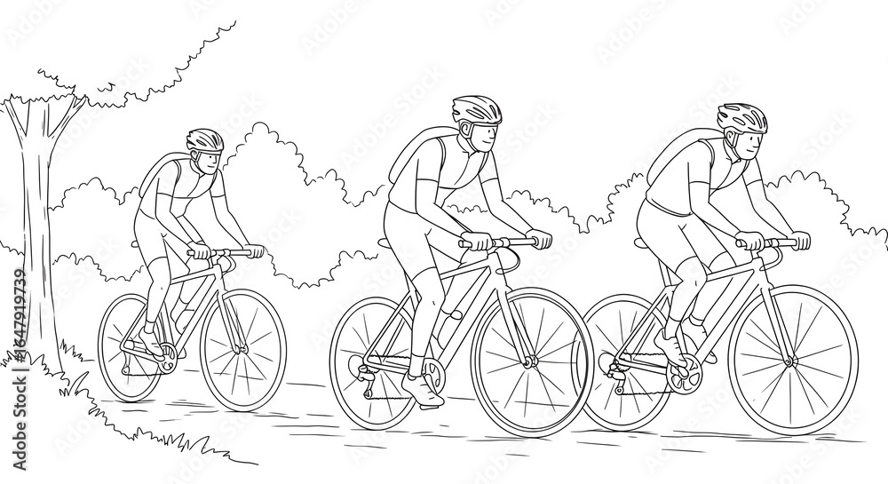 Fototapeta premium Group of three cyclists riding bicycles in a single file line on an outdoor path, a black and white line art illustration