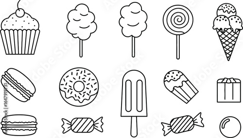 Dessert and Candy Outline Icon Set 