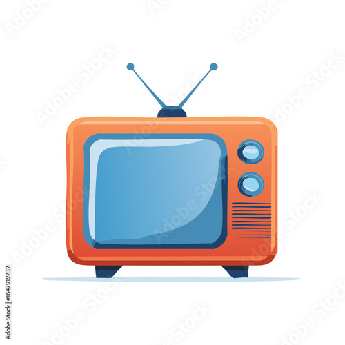 Retro orange television with rabbit ears antenna and blue screen