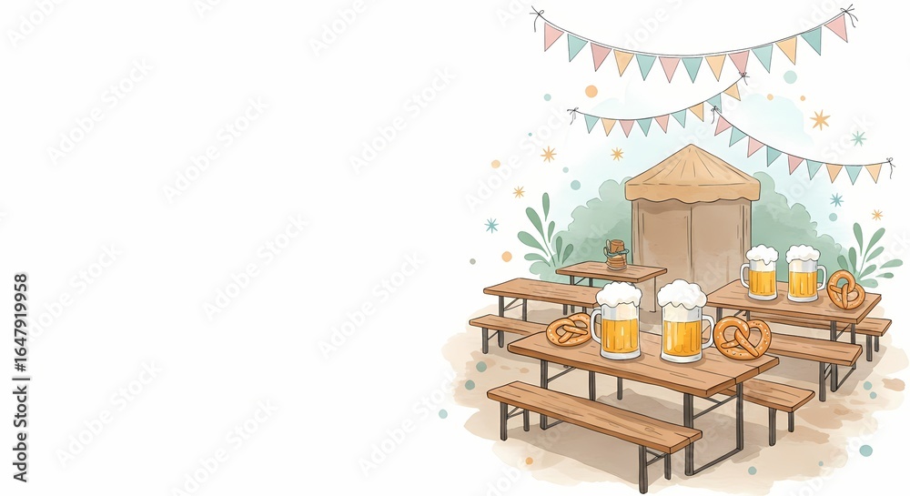 Obraz premium Beer garden with tables, pretzels, and festive decorations 