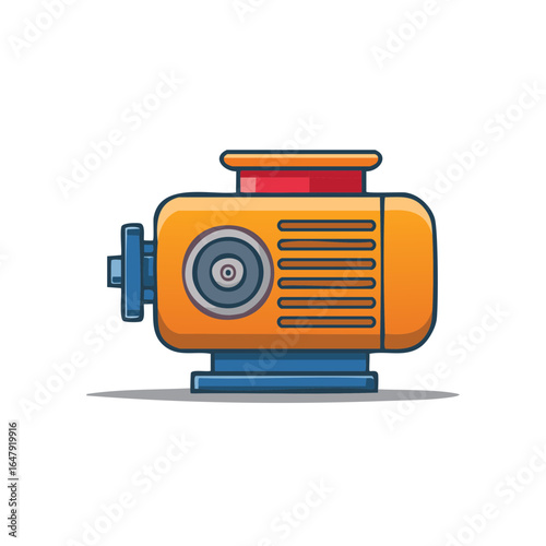Stylized orange electric motor illustration featuring blue accents, horizontal lines and a red top, with light blue base and shadow.