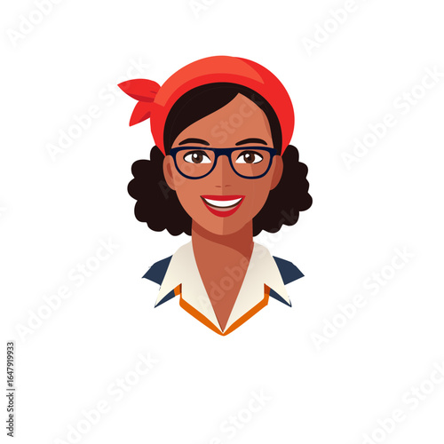 Illustration of a woman with red headscarf, glasses, and a smiling expression