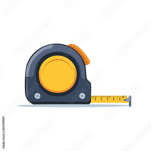 Close up of a retractable tape measure tool with yellow measuring tape extended on a clean white background