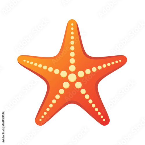Vibrant illustration of a starfish with bright orange colors, dots, and ocean life